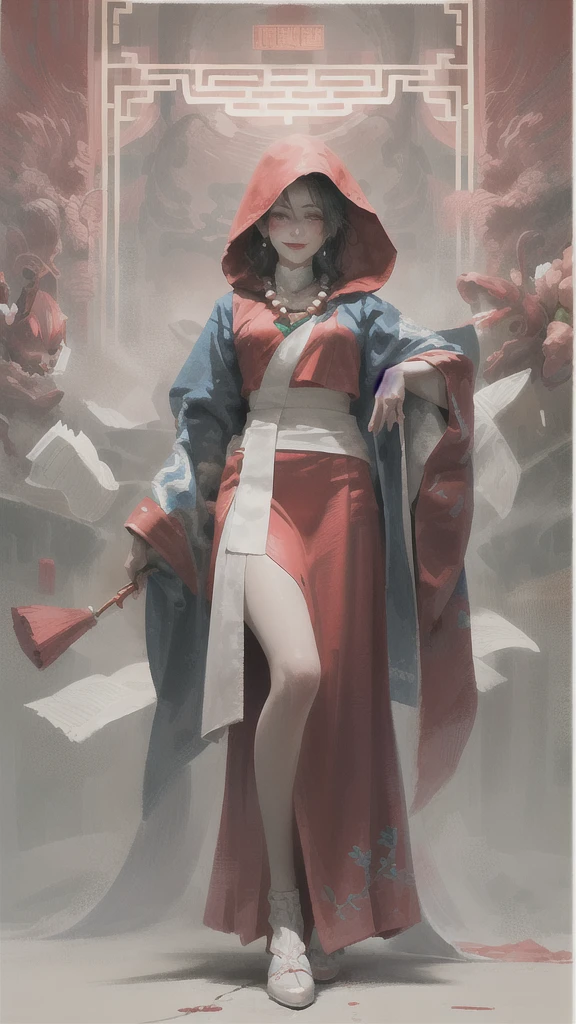masterpiece,(masterpiece, front，Looking at the audience，face，Top quality, best quality, Chinese Hanfu，Red clothing，Red clothing，Paper wedding dress，Solitary,Standing，whole body, bead, veil, Keep, Jewelry, Looking at the audience, necklace, Candle, 1 Girl, indoors, hood, Long sleeve, Blood, Floral, hood up, Smile, dark, (Red Chinese clothes), skirt, fear (theme), Black Hair, ,,面朝前方Looking at the audience，Simple background，Solid color background