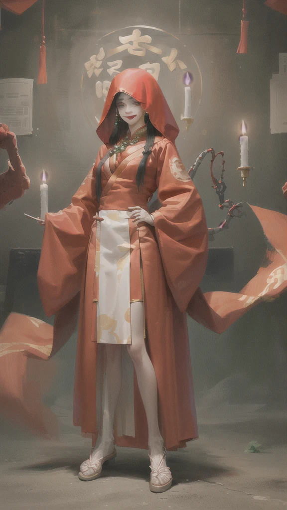 masterpiece,(masterpiece, front，Looking at the audience，face，Top quality, best quality, Chinese Hanfu，Red clothing，Red clothing，Paper wedding dress，Solitary,Standing，whole body, bead, veil, Keep, Jewelry, Looking at the audience, necklace, Candle, 1 Girl, indoors, hood, Long sleeve, Blood, Floral, hood up, Smile, dark, (Red Chinese clothes), skirt, fear (theme), Black Hair, ,,面朝前方Looking at the audience，Simple background，Solid color background