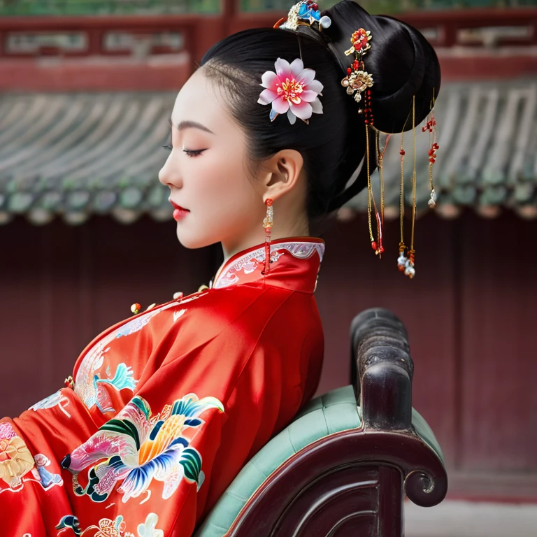 A side view of a Chinese empress, seen from close up on her buttocks. The background is a room in a Chinese palace during the Qing dynasty. She is sleeping in red Hanfu, with only her large buttocks sticking out. She is either wearing underwear or not, and her protruding buttocks are floating up. Her hair is decorated with a large, flashy flower. The back of the hair is tied up and up. Erotic Woman