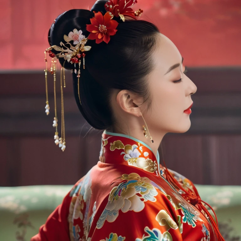 A side view of a Chinese empress, seen from close up on her buttocks. The background is a room in a Chinese palace during the Qing dynasty. She is sleeping in red Hanfu, with only her large buttocks sticking out. She is either wearing underwear or not, and her protruding buttocks are floating up. Her hair is decorated with a large, flashy flower. The back of the hair is tied up and up. Erotic Woman