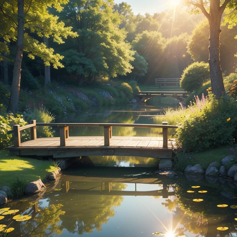 Masterpiece, Best quality, High quality, Wallpaper, Summer pond, Wooden bridge, afternoon sun, pond background, depth of field, hot weather, hd detail, wet watermark, Hyperdetail,, surrealism, soft light, deep field focus bokeh, ray tracing, sunny day