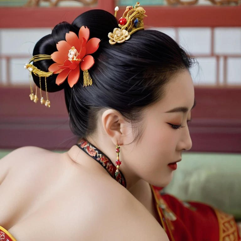 A side view of a Chinese empress, seen from close up on her buttocks. The background is a room in a Chinese palace during the Qing dynasty. She is sleeping in red Hanfu, with only her large buttocks sticking out. She is either wearing underwear or not, and her protruding buttocks are floating up. Her hair is decorated with a large, flashy flower. The back of the hair is tied up and up. Erotic Woman