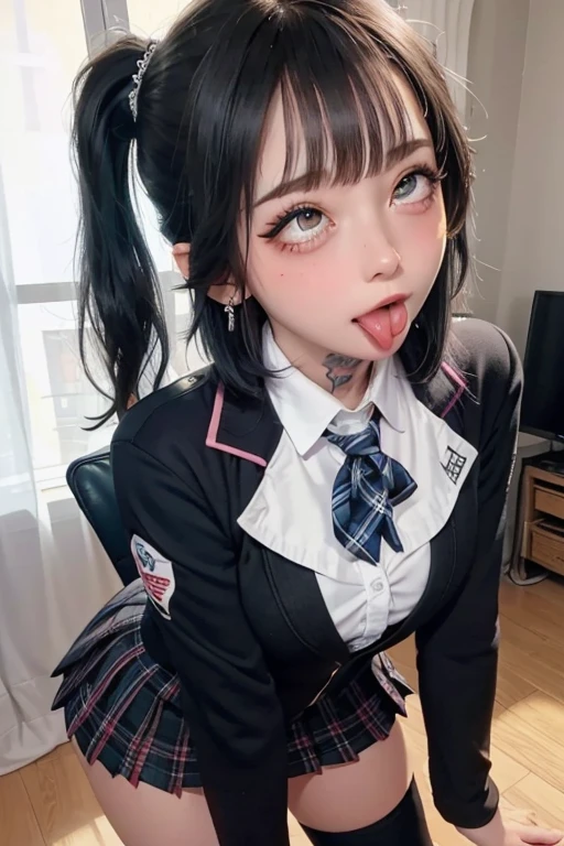 high quality, detailed,High school girl wearing blazer uniform,plaid skirt,wearing black overknee socks,she is standing,a mole under the eye,(bob hair,bob hair),(tounge out,tounge out tounge out),(blushing:1.4),the whole body,the whole body,she has a lot of earrings,tattoo,tattoo,detailed background,in the classroom