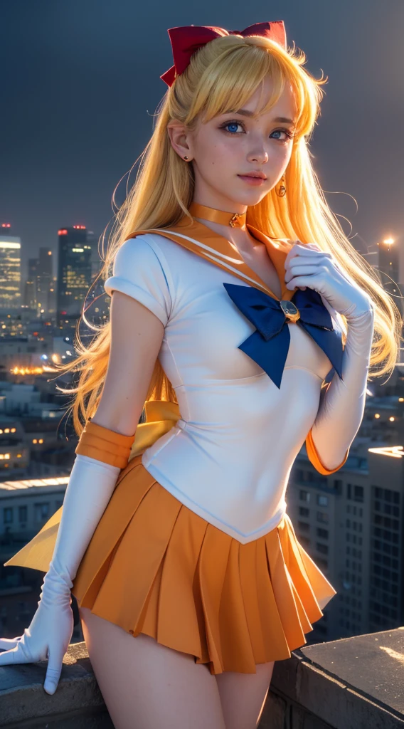 masterpiece, Highest quality, High resolution, Venus 1, One girl, alone, Sailor Warrior Uniform, Sailor Venus, aino minako, Blonde, Magical girl, blue eyes, (Orange Skirt:1.2), Elbow gloves, tiara, Pleated skirt, Hair Ribbon, (Orange sailor collar:1.2), mini skirt, choker, Red hair Bow, orange choker, White gloves, Very long hair,  jewelry,  Earrings, Cowboy Shot, smile,,More detailed 8K.Unreal Engine:1.4,超High resolution,La Highest quality:1.4, Realistic:1.4, Skin Texture:1.4, masterpiece:1.8,first work, Highest quality,Object Object], (Detailed facial features:1.3),(Fine hand:1.4),(Apocalyptic destroyed cityscape:1.4)