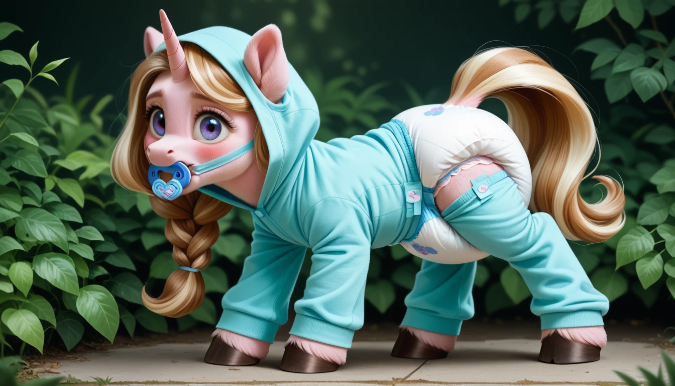 pony, light caramel unicorn, adult mare, plum eyes, lush mane braided, bushy tail, stands on four hooves, rear hooves spread wide apart, dressed in an onesie adult size and booties adult size, pacifier adult size in mouth, solo, raised tail, thick diaper under clothes, pink blush on cheeks, embarrassment, awkwardness.