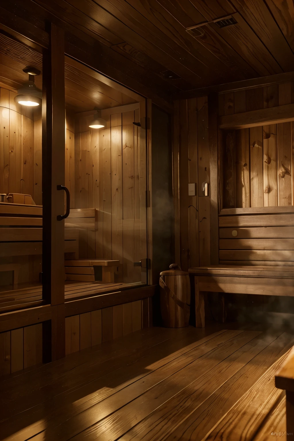 a sauna interior, wood-paneled walls, wooden benches, steaming hot room, cozy atmosphere, dim lighting, steam rising, relaxing scene, rustic design, natural materials, calming ambiance, (best quality,4k,8k,highres,masterpiece:1.2),ultra-detailed,(realistic,photorealistic,photo-realistic:1.37),HDR,UHD,studio lighting,extreme detail description,vivid colors,warm lighting