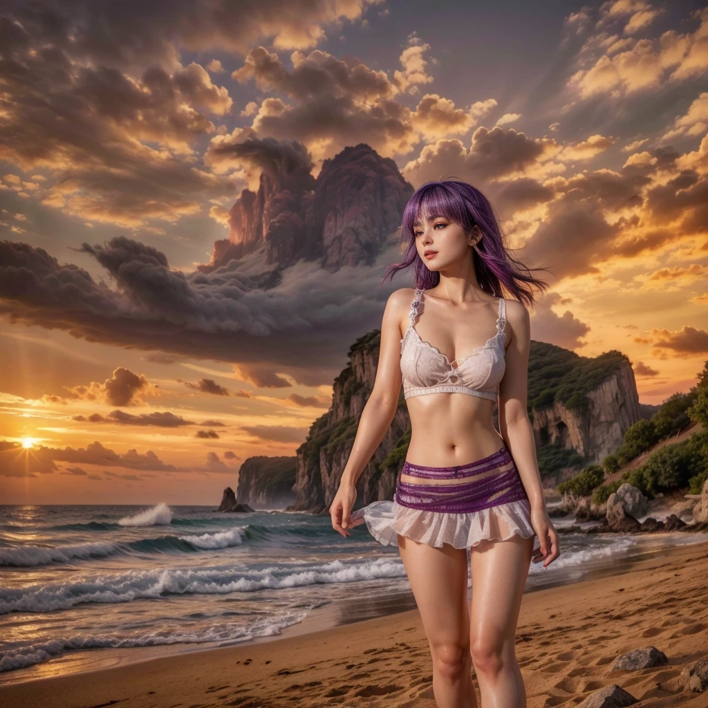 Ayane, cabelo roxo, (best qualityer, ultra detali), (realisitic:1.37), beautiful and detailed face, ultra-realisitic texture, 精致的面容, Delicate body, red lipgloss stick, long-lasting colors. High definition, 8k.