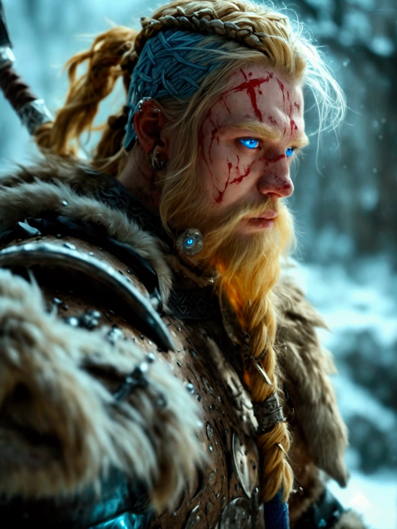 The most vicious viking warrior king, blonde hair, glowing blue eyes, highly detailed viking battle armor, holding a battle axe, tattoos and piercings, blood splattered, post apocalyptic winter world, perfect masterpiece, high quality, high resolution