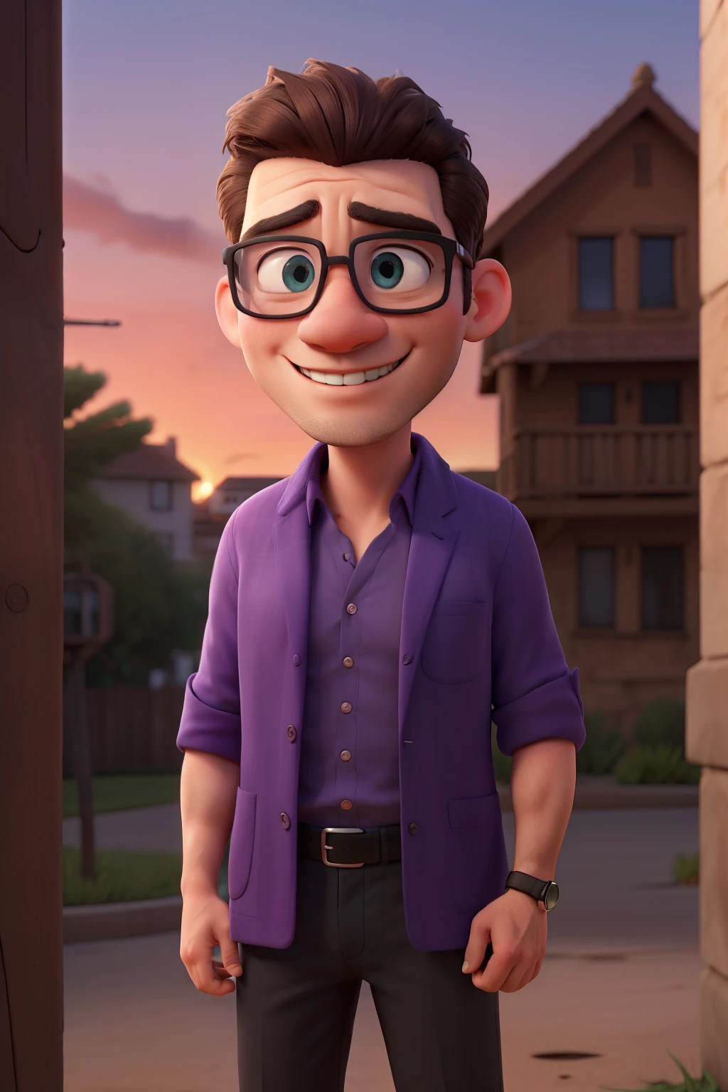 (best quality,high resolution,Extremely detailed) A 40-year-old brown-haired oriental man wearing black clothes, glasses sunglasses, . He has short hair. Against the wall.Smiling in purple shirt.Light colored blazer with blue eyes. One hand holds his baseball cap. Sunset in the background.Hands in pockets on the front,Carrying a Sony single-lens camera on my chest
