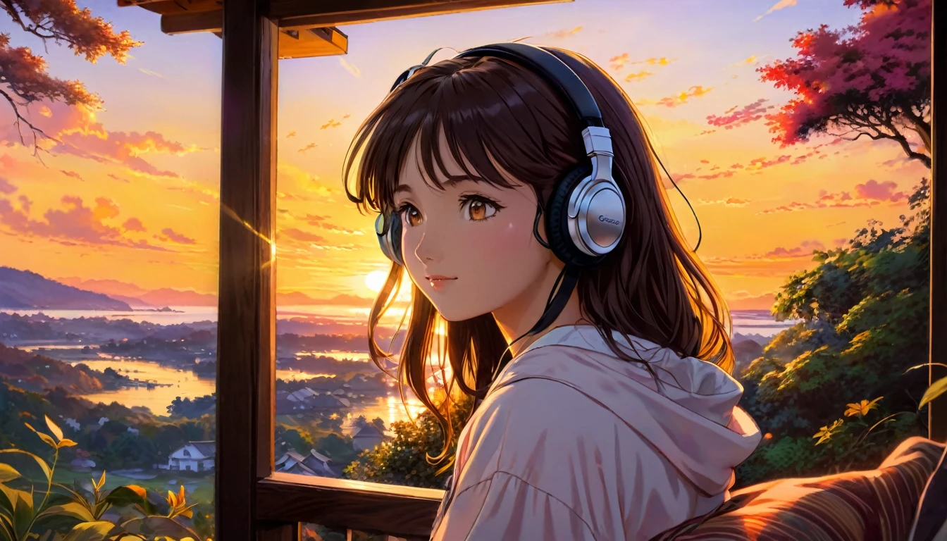 A young woman with headphones, entranced by the stunning sunset before her. She radiates peace and contentment, her eyes reflecting the warm hues of the sky as she basks in the glow of nature's beauty. This scene is portrayed in a beautifully detailed anime-style painting, capturing the girl's serene expression and the vibrant colors of the setting sun. The cozy atmosphere of her home is evident in the warm lighting and comfortable surroundings, enhancing the overall sense of tranquility and comfort emanating from the image.