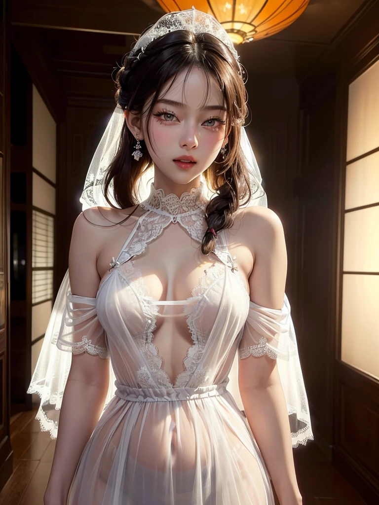 (Canon RF85mmf/1.2), (8ก, RAW Photos, Highest quality), (masterpiece), (Realistic, photograph Realistic), (Very detailed, Very detailedな, Best image quality, Amazing details, High resolution, Very detailed, Very detailedな, Very delicate and beautiful work.), Beautiful girl with details, Solo Girl, ((Perfect shape)), Very detailed eyes and face, White skin, Noble Beauty, ((Fine texture, Hair follicle)), Perfect Anatomy, Beautiful details down to the last detail., Delicate face, (Slim, narrow waist, Very big ass), (The chest size is small、Big Breasts、), (lift:1.3), (Cute Face, Eyes full of soul, Glowing Eyes), (Beautiful and clear eyes), (Tie your hair in a big bun.), (smile:1.0), (Attractive look), (attractive appearance), ((Sexy See-Through Queen Lace Dress:1.4)), (crown diamond gear), (Diamond Necklace, Diamond Earrings), ((I saw a tall palace in the middle of the night., moonlight)), Physical Rendering, Realistic light, (((Upper Body:1.3))), ((View the viewer:1.3)), ((stand)), ((from the front))
One Japanese girl, She smiled brightly,
Very detailed, dynamic post, Dynamic Angle, Cowboy Shot,Orange Range Lingerie、Orange underwear、Breast in pregnant women、Breast milk dripping from lingerie、round face、Chubby、Very large breasts、Swelling in the groin area、