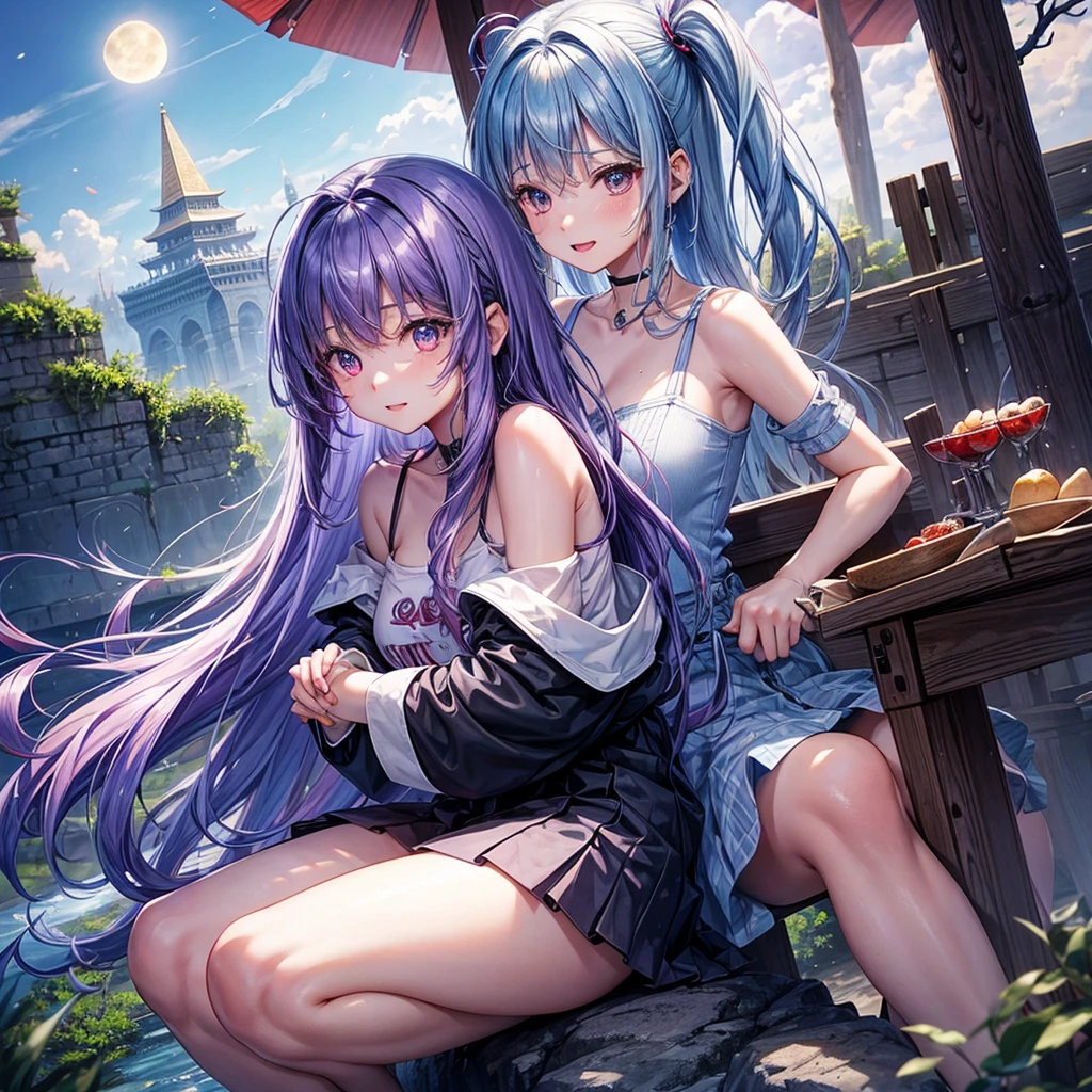 Blue-light purple hair、Red eyes、One cute girl、solo、And soul、Light clothing、Checked mini skirt、petal、Wet hair、Sit on、black t-shirts、Has a button、large tree、cloud、Red full moon、desert、barefoot、Stones are piled up、Teeth are visible、Secret Treasure、Wooden chair、Fortress City、water is gushing out、Tilting face、Hands together、pyramid、A chick is walking