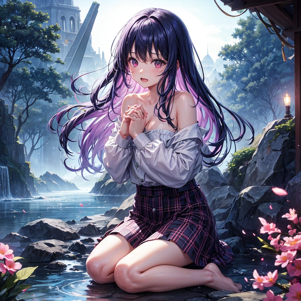 Blue-light purple hair、Red eyes、One cute girl、solo、And soul、Light clothing、Checked mini skirt、petal、Wet hair、Sit on、black t-shirts、Has a button、large tree、cloud、Red full moon、desert、barefoot、Stones are piled up、Teeth are visible、Secret Treasure、Wooden chair、Fortress City、water is gushing out、Tilting face、Hands together、pyramid、A chick is walking