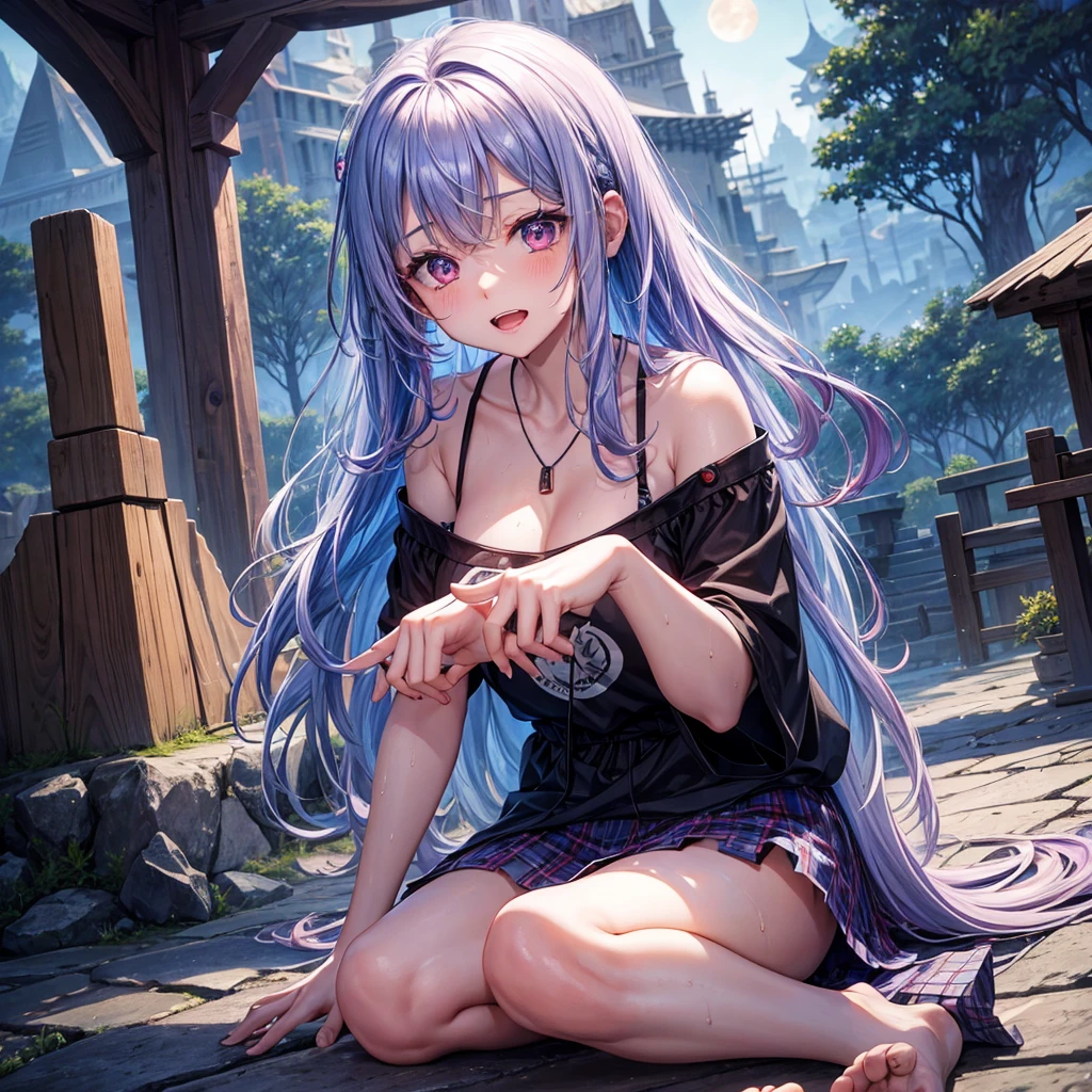 Blue-light purple hair、Red eyes、One cute girl、solo、And soul、Light clothing、Checked mini skirt、petal、Wet hair、Sit on、black t-shirts、Has a button、large tree、cloud、Red full moon、desert、barefoot、Stones are piled up、Teeth are visible、Secret Treasure、Wooden chair、Fortress City、water is gushing out、Tilting face、Hands together、pyramid、A chick is walking