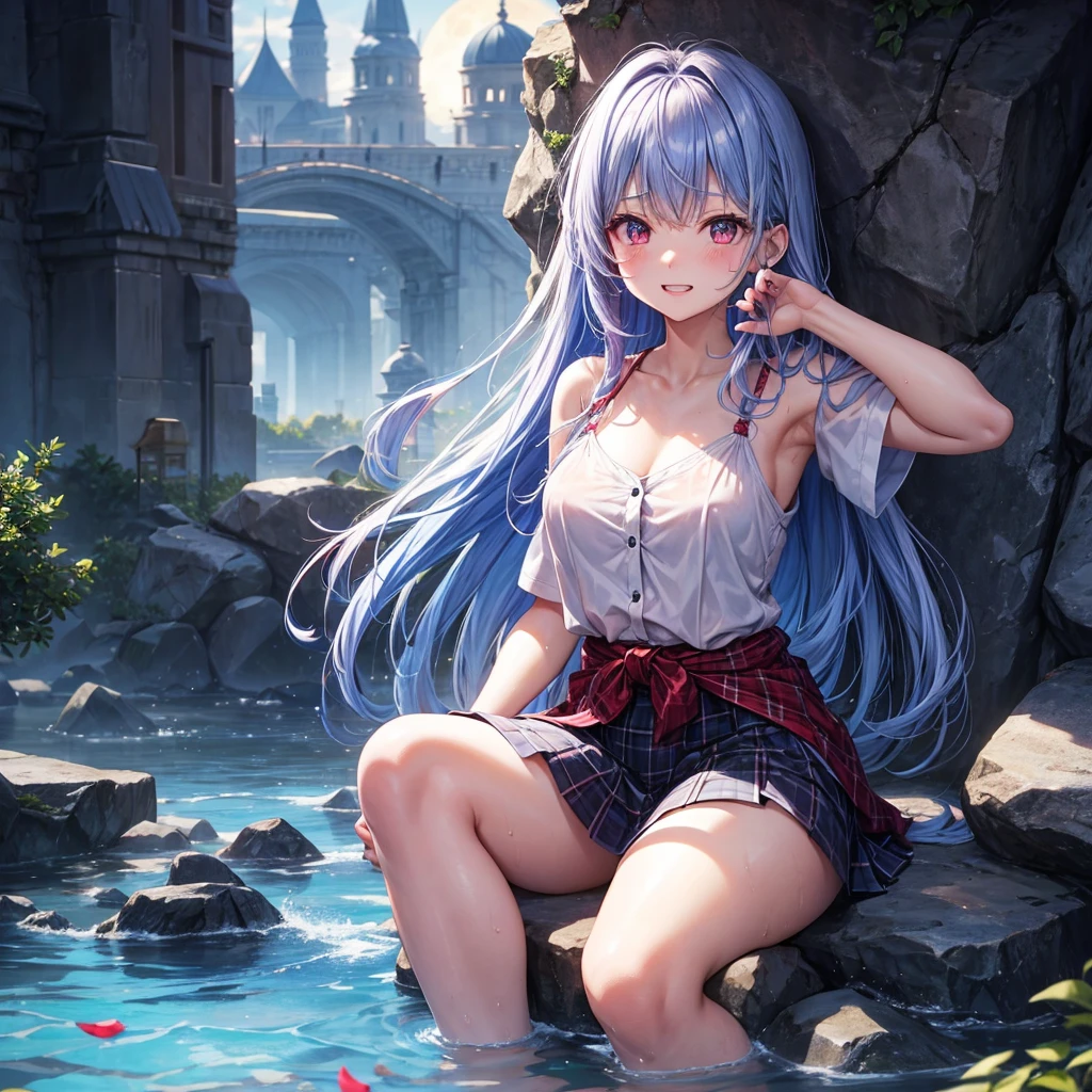 Blue-light purple hair、Red eyes、One cute girl、solo、And soul、Light clothing、Checked mini skirt、petal、Wet hair、Sit on、black t-shirts、Has a button、large tree、cloud、Red full moon、desert、barefoot、Stones are piled up、Teeth are visible、Secret Treasure、Wooden chair、Fortress City、water is gushing out、Tilting face、Hands together、pyramid、A chick is walking