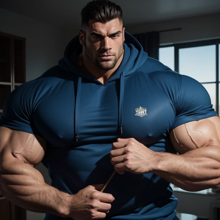 a very handsome, large, bodybuilder, massively muscular man, with massively large muscles, with massively large, muscular and defined body, with massively large and muscular arms, with massively large biceps, wearing a blue sweatshirt, on a background black