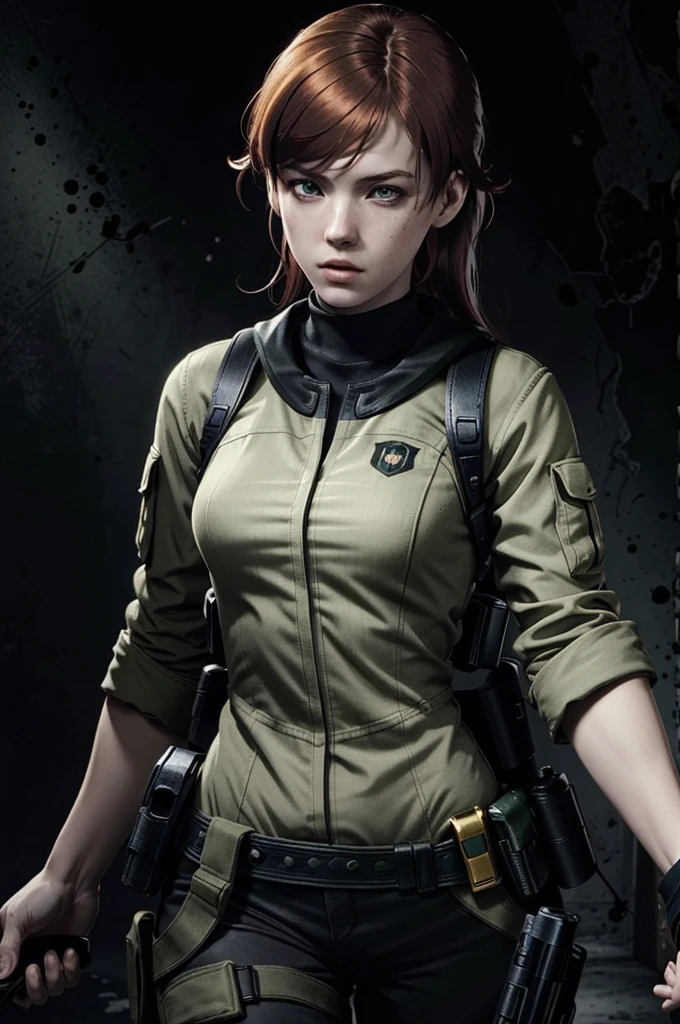 (masterpiece, best quality), solo, red hair, realistic, long hair, 1girl, black background, green eyes, upper body, lips, parted lips, simple background, dark, combat suit, pistol
