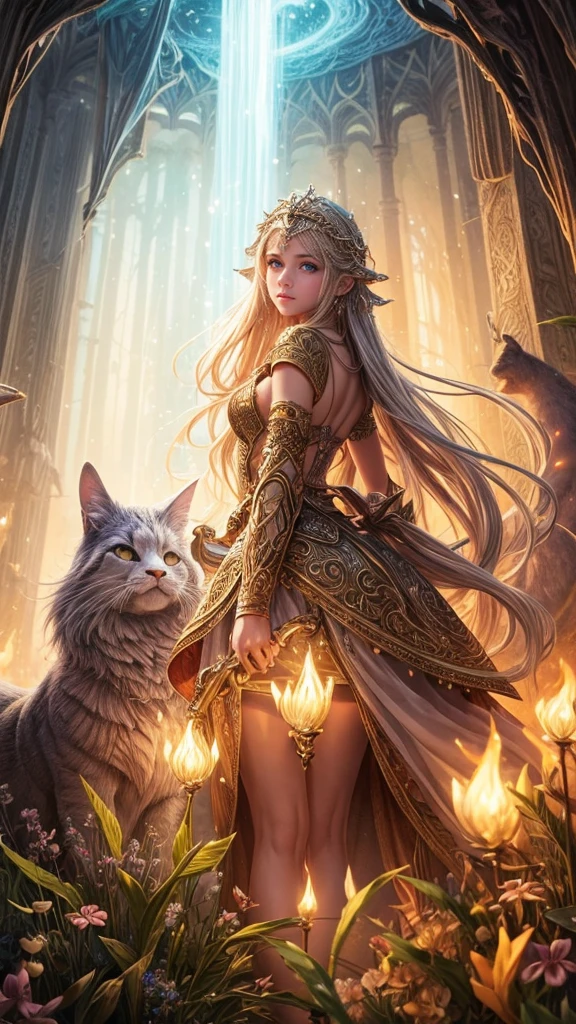 "Artistic rendering, fantasy realm, girl and her magical companions, luminous cave, extraordinary magic, epic adventure, intricate details