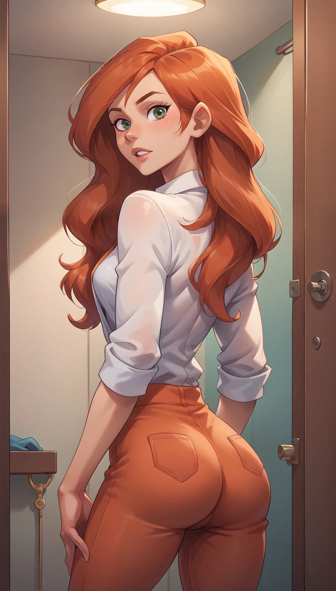 score_9, score_8_up, score_7_up, detailed soft lighting, BREAK 1girl, solo, Kim Possible, (orange-red hair:1.5), looking at viewer, parted lips, wearing (tight pants and unbuttoned blouse:1.1), beautiful woman, (clothing boutique fitting room:1.2), various model poses, (three quarter shot:1.0), high budget, (masterpiece, best quality, highly detailed, beautiful), rear view.