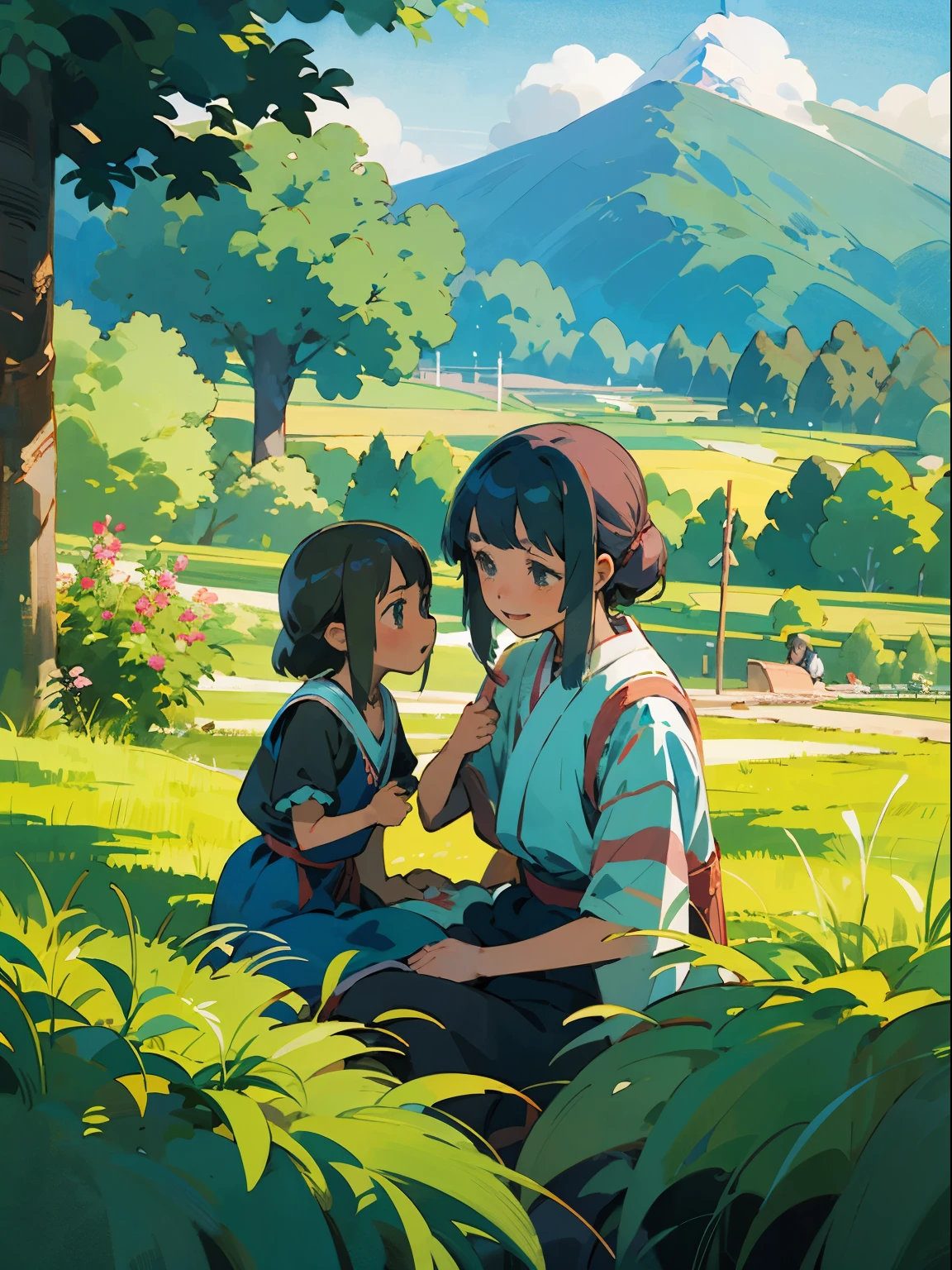 Mother, Father, daughter, Happy mountain travel, Tranquil garden style, Colorful animation stills, Teraoka Masami, aquamarine, Paul Gauguin, Alice, Realistic depiction