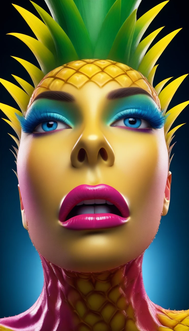 A perceptive pantomime pineapple, surreal fantasy art, 1girl, detailed face and eyes, beautiful detailed lips, extremely detailed facial features, elegant pose, dynamic lighting, vibrant colors, dramatic shadows, cinematic composition, digital art, concept art, octane render, 8k, highly detailed, photorealistic, masterpiece