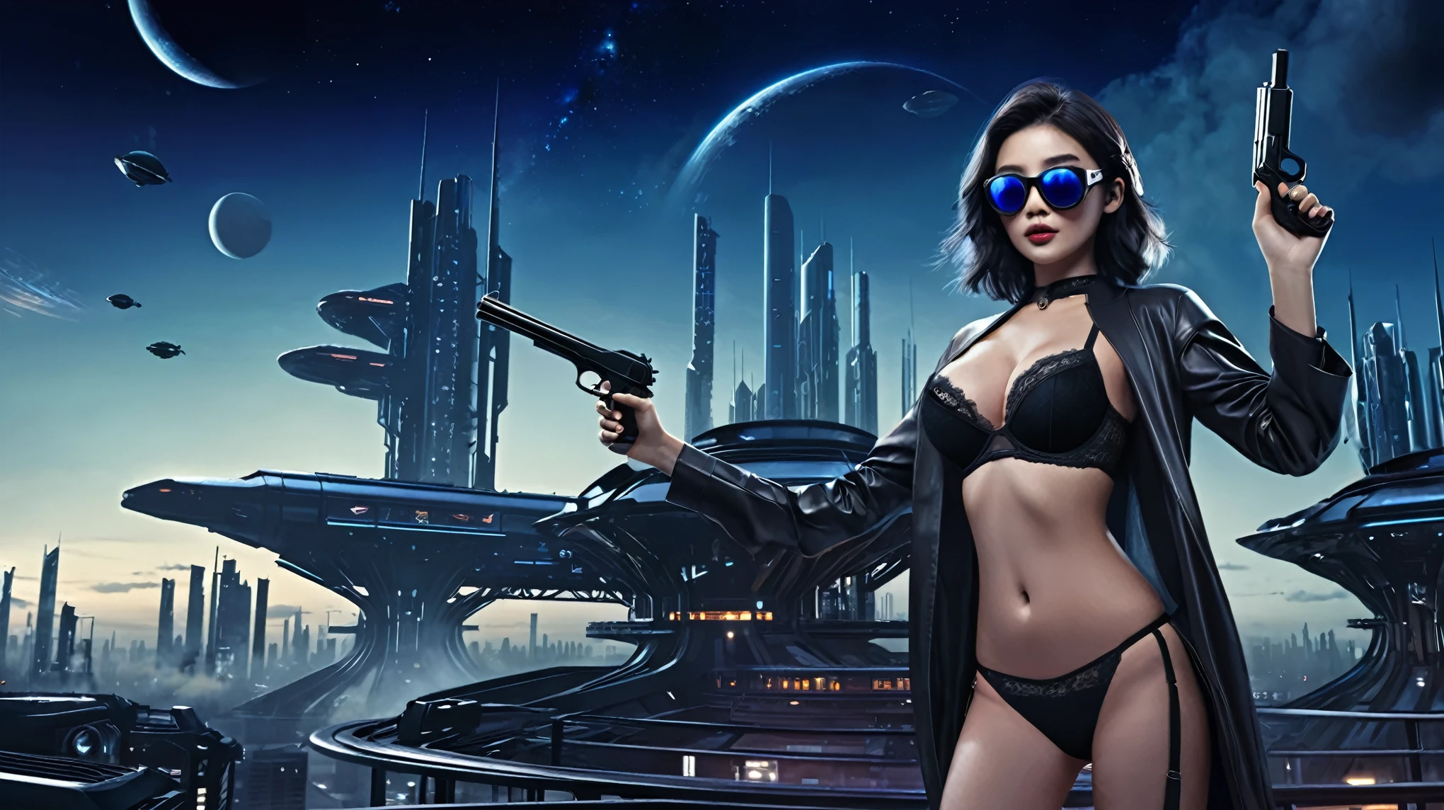at night, ((a large-breast:1.2 lingerie slim:0.6 GIRL with black mini VR sunglasses)), ((holding a pistol)), aerial view of an ultra-futuristic megalopolis, tall metal buildings in dark colors from dark blue to black, shades of metal gray, smoky metal structures, industrial environment with fog around, dark cars on the streets, (flying vehicle), modern metal rails and trains passing through, ((futuristic space station)), realistic, detailed, sci-fi.