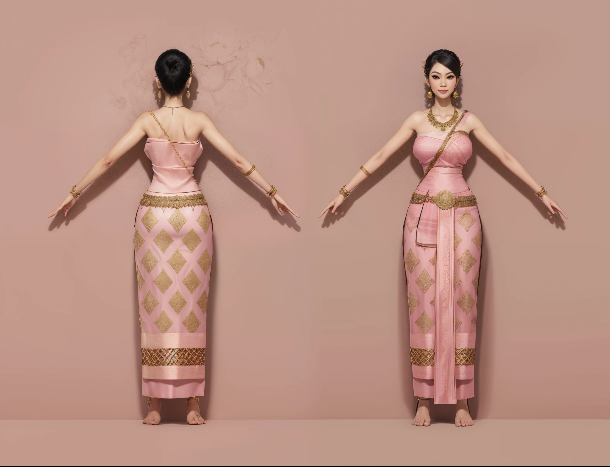 ( Realistic:1.33),(masterpiece:1.1),(highest quality:1.1),(HDR:1) a close up of woman in a pink dress, full body concept, detailed full body concept, Vsukhothai costume, in style of thawan duchanee, traditional beauty, wearing an ornate outfit, traditional dress, south east asian with long, pink lotus queen, wearing ornate silk clothes, traditional clothes, wearing traditional garb, wearing ornate clothing, traditional clothing, wearing pink floral chiton, full body character concept,costume concept design, full body details, detailed full body concept art, full character body, character model sheet turnaround, fullbody shot turnaround, concept character sheet, full body concept art, reference model sheet , full body concept art, RPG style character, game character design, 3d character reference sheet, video game character concept, detailed character design, character sheet, [ character model sheet turnaround ], front and back, (((front and back))), thai traditional belt, thai traditional earring, strapless thai traditional dress, black bun hair, highly detailed lips, detailed eyes, double eyelid, Make-up face.necklace ((anklet. flchut thai dresses, strapless shirts)),anklet. 