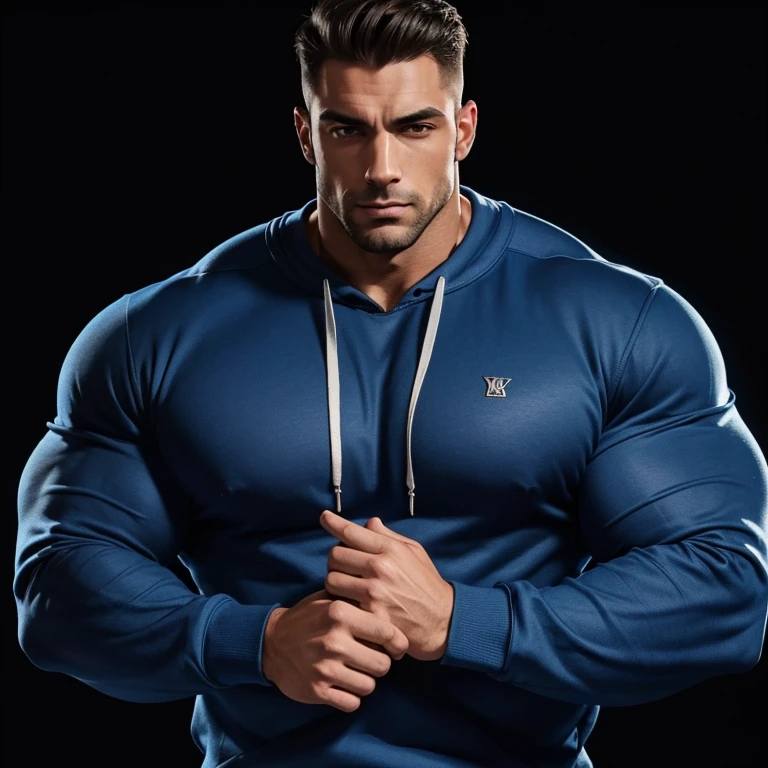a very handsome man wearing a blue sweatshirt, massively muscular, with massively large muscles, with massively large, muscular and defined body, on a black background