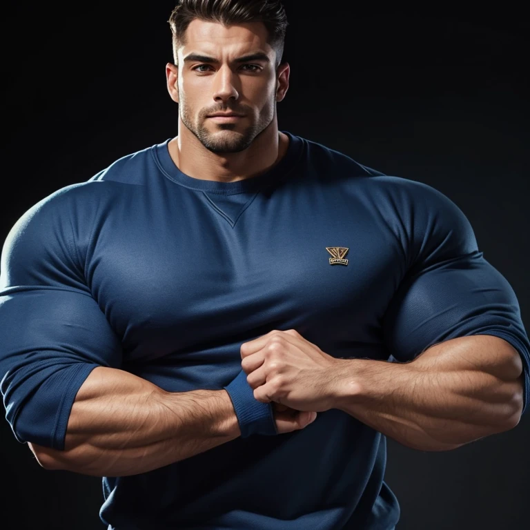 a very handsome man wearing a blue sweatshirt, massively muscular, with massively large muscles, with massively large, muscular and defined body, on a black background
