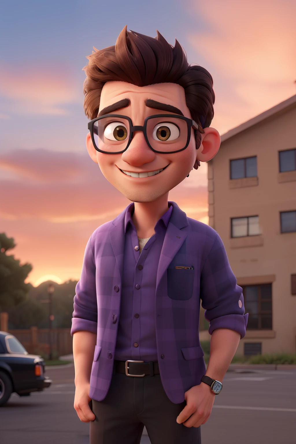 (best quality,high resolution,Extremely detailed) A 40-year-old brown-haired oriental man wearing black clothes, glasses sunglasses, . He has short hair. Against the wall.Smiling in purple shirt.Light colored blazer with blue eyes. One hand holds his baseball cap. Sunset in the background.Hands in pockets on the front,Carrying a Sony single-lens camera on my chest