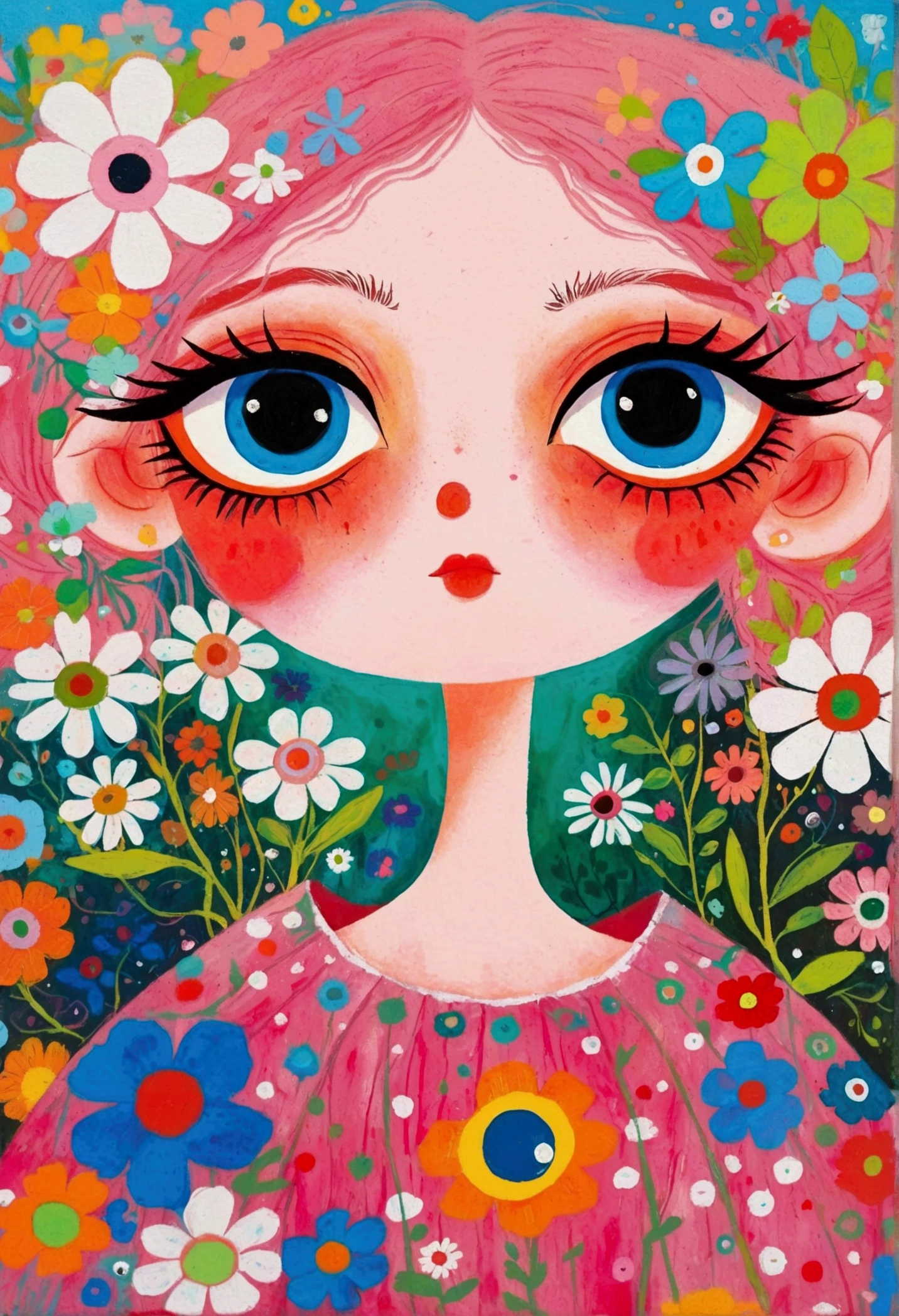 (((Pastel Painting,Oil stick painting,Thick coating,Texture))):There is a person in the painting wearing a flowery dress、A woman with flowers in her eyes, big Pink Eyes, Inspired by Takashi Murakami, Inspired by Takashi Murakami, Inspired by Haruki Murakami, Inspired by Victor Brauner, Whimsical and psychedelic, Color illustrations, Psychedelic illustration, Watercolor illustration, Portrait of a mysterious giant eye, Colored eyes, big eyes, Pink Eyes