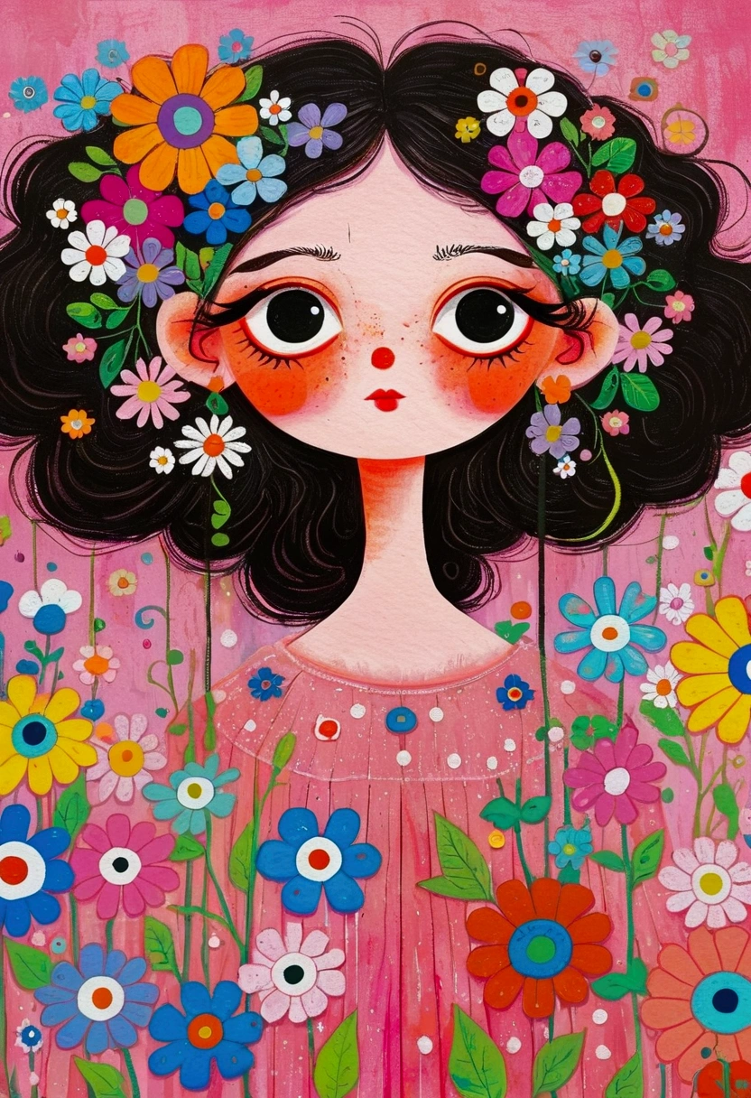 (((Pastel Painting,Oil stick painting,Thick coating,Texture))):There is a person in the painting wearing a flowery dress、A woman with flowers in her eyes, big Pink Eyes, Inspired by Takashi Murakami, Inspired by Takashi Murakami, Inspired by Haruki Murakami, Inspired by Victor Brauner, Whimsical and psychedelic, Color illustrations, Psychedelic illustration, Watercolor illustration, Portrait of a mysterious giant eye, Colored eyes, big eyes, Pink Eyes