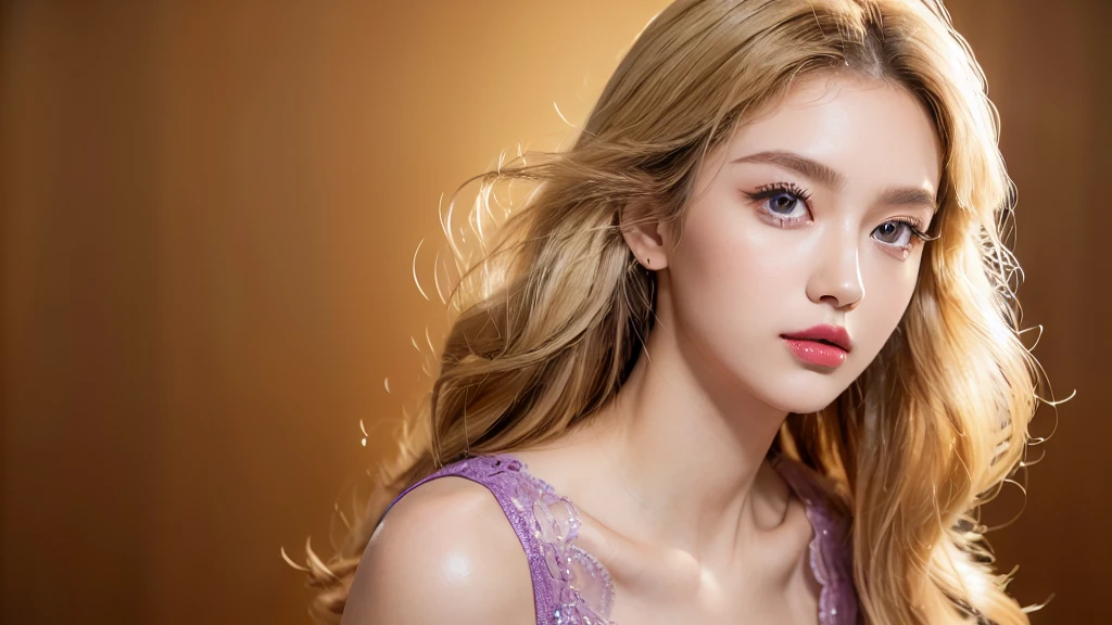 (masterpiece: 1.5, best quality, high resolution: 1.3, Super resolution, super detail, super detail: 1.3, Rich Background: 1.2), 1 girl, Alone, Portrait photo of a beautiful 28 year old girl in a modern style light purple dress, beautiful face makeup, Curly hair has just been dyed light blonde, light yellow lipstick, brown eyes