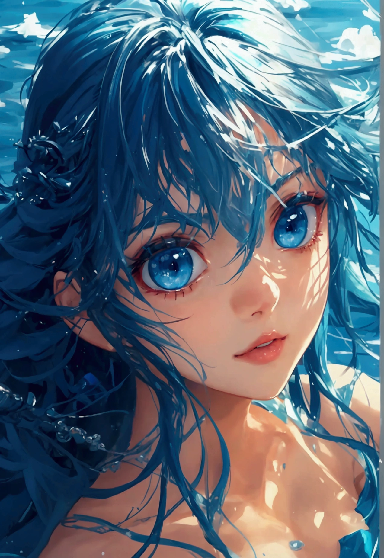((highest quality)), ((masterpiece)), (Get used to it), Perfect Face , Adult female , Ariel , Long and beautiful blue hair , Beautiful blue eyes , in the beautiful sea ,