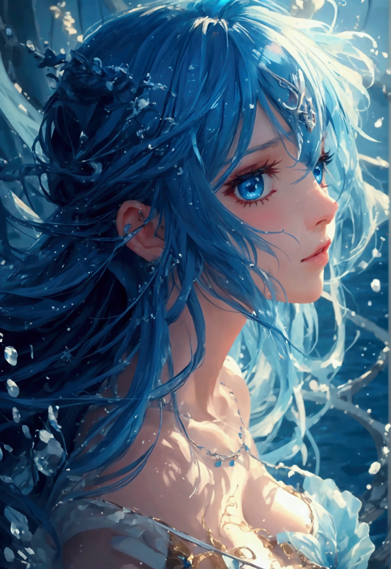 ((highest quality)), ((masterpiece)), (Get used to it), Perfect Face , Adult female , Ariel , Long and beautiful blue hair , Beautiful blue eyes , in the beautiful sea ,