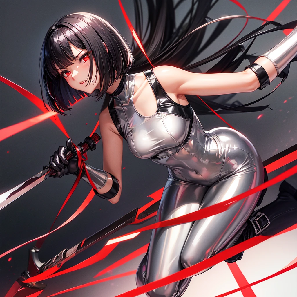 solo girl,Glossy metalic light silver tank top, tight latex shiny, Red interpolation color,Black hair bob,red eyes, camel toe, Samurai Sword,
Lift one leg, sexy lady, โชว์กางเกงใน girl, ถ่างขา, งอเข่า,