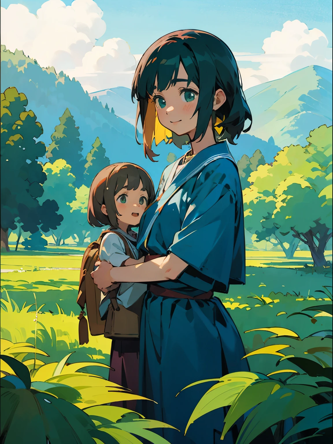 Mother, Father, daughter, Happy mountain travel, Tranquil garden style, Colorful animation stills, Teraoka Masami, aquamarine, Paul Gauguin, Alice, Realistic depiction