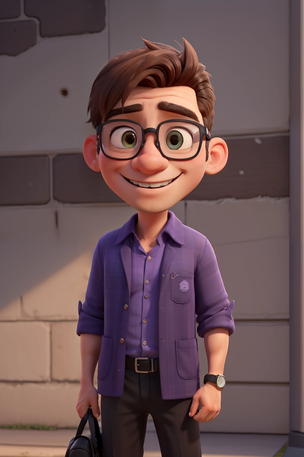 (best quality,high resolution,Extremely detailed) A 40-year-old brown-haired oriental man wearing black clothes, glasses sunglasses, . He has short hair. Against the wall.Smiling in purple shirt.Light colored blazer with blue eyes. One hand holds his baseball cap. Sunset in the background.Hands in pockets on the front,Carrying a Sony single-lens camera on my chest
