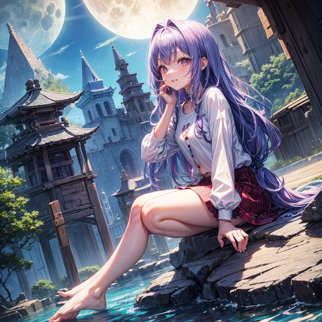 Blue-light purple hair、Red eyes、One cute girl、solo、And soul、Light clothing、Checked mini skirt、petal、Wet hair、Sit on、black t-shirts、Has a button、large tree、cloud、Red full moon、desert、barefoot、Stones are piled up、Teeth are visible、Secret Treasure、Wooden chair、Fortress City、water is gushing out、Tilting face、Hands together、pyramid、A chick is walking