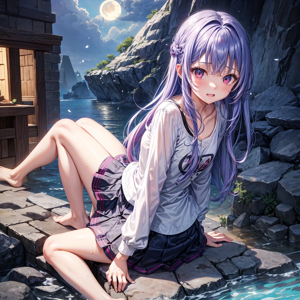 Blue-light purple hair、Red eyes、One cute girl、solo、And soul、Light clothing、Checked mini skirt、petal、Wet hair、Sit on、black t-shirts、Has a button、large tree、cloud、Red full moon、desert、barefoot、Stones are piled up、Teeth are visible、Secret Treasure、Wooden chair、Fortress City、water is gushing out、Tilting face、Hands together、pyramid、A chick is walking
