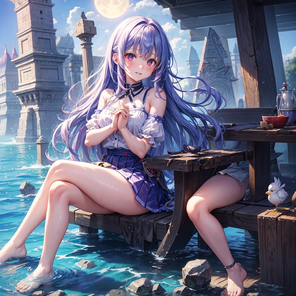 Blue-light purple hair、Red eyes、One cute girl、solo、And soul、Light clothing、Checked mini skirt、petal、Wet hair、Sit on、black t-shirts、Has a button、large tree、cloud、Red full moon、desert、barefoot、Stones are piled up、Teeth are visible、Secret Treasure、Wooden chair、Fortress City、water is gushing out、Tilting face、Hands together、pyramid、A chick is walking