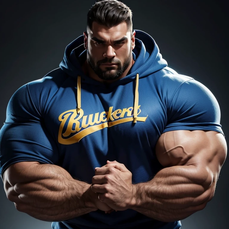 a very handsome, large, bodybuilder man, wearing a blue sweatshirt, massively muscular, with massively large muscles, with massively large, muscular and defined body, with massively large and muscular arms, with massively large biceps, on a background black