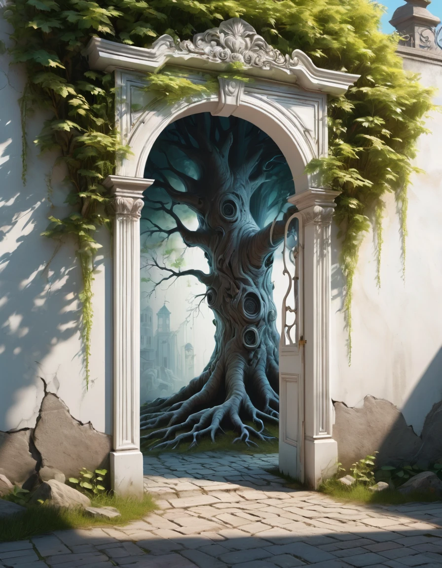 (best quality, Super Fine, 16K, Ridiculous, Extremely detailed, 2.5D, Delicate and dynamic, Three-dimensional effect through light and shadow, high resolution, 8K, masterpiece, Immersive atmosphere, Film Grain)
(a undetailed White Gate, White Gate, Door unknown, No details for this center) (Colorful frame around the door, Paintings on the wall, Surrounding details, Detailed wall, Detailed environment, Fine details, Optical illusion, complicated, Hand Painted, 3d , Reality, Fantasy Art, improve, complex, sharp, best quality, masterpiece, representative work, Official Art, professional, 8K, According to the following poem: On the tree I rub the roots,Only my parents - but there are hardly any trees here. In buildings, I only see the windows,And have fallen in love with what they hide—and I only see her. In the car, I only see shadows,These ghosts haunt me. On Pavement, I don't see the viable path that you saw when we were together. Yes, at my house, I'll never see you again, I seldom dream. In my hands, I do not see yours and I am already unique. In these fingerprints, I only see typing touching the world. That I only see ther randomly the same first moment—second, second, and minutes, I pray, and hours, and delay, Nightfall, sky, There are no sisters at home, I am, Week, At my mercy, Nothing is mine, moon, ownerless, semester, No plan, Year, Year and a half, No middle, Just a moment... I'll be back soon. decadent, 我很快就到了十Year, and so soon I am already twenty Years old...)