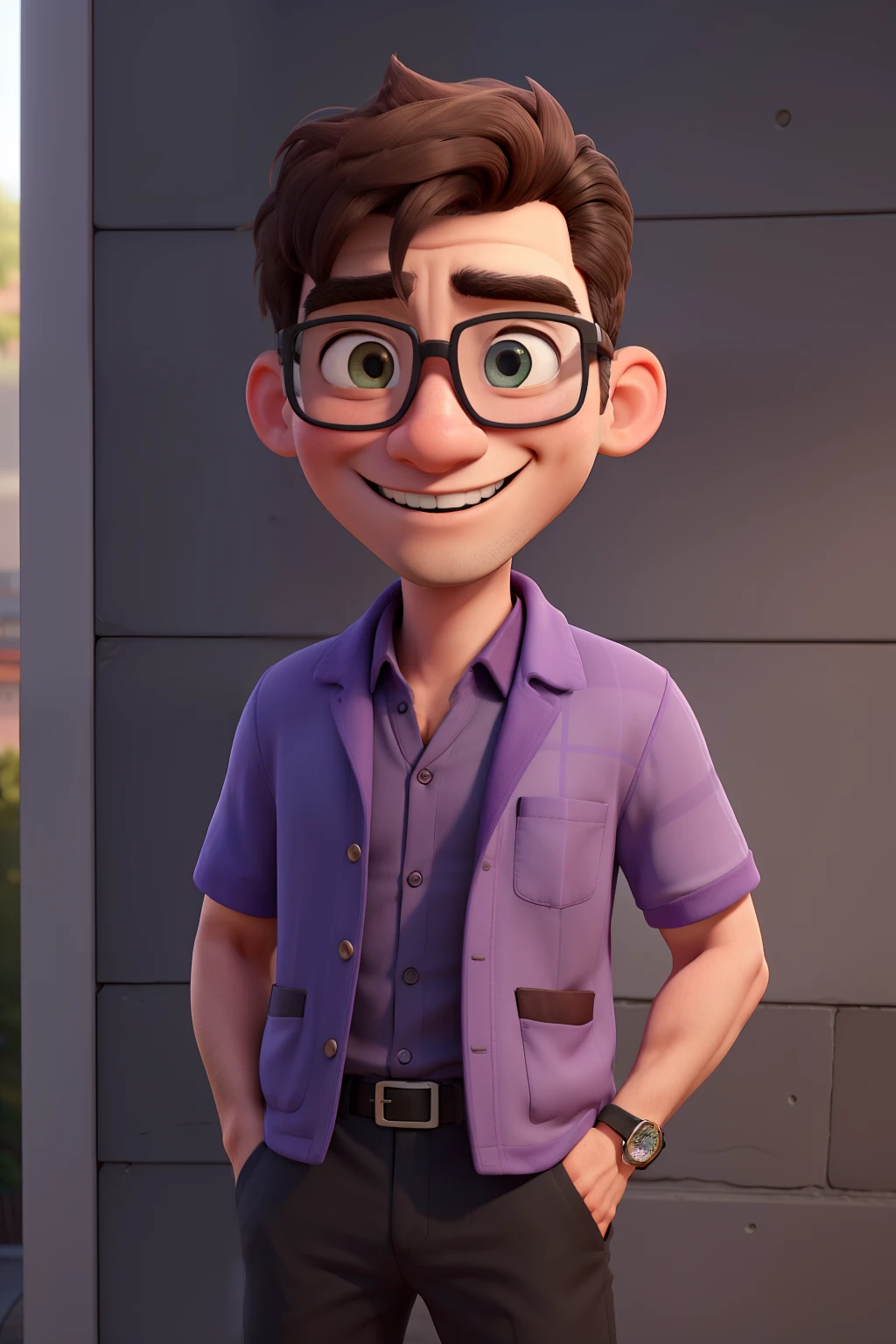 (best quality,high resolution,Extremely detailed) A 40-year-old brown-haired oriental man wearing black clothes, glasses sunglasses, . He has short hair. Against the wall.Smiling in purple shirt.Light colored blazer with blue eyes. One hand holds his baseball cap. Sunset in the background.Hands in pockets on the front,Carrying a Sony single-lens camera on my chest
