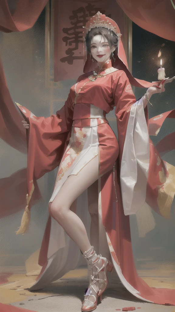 Masterpiece, (Masterpiece, Frontal, Looking at the Audience, Facing Directly, Top Quality, Best Quality, Chinese Hanfu, Gorgeous Headwear, Red, Red Costume, Paper Wedding Dress, Solo, Standing, Full Body, Beads, Veil, Hold, Jewelry, Looking at the Audience, Necklace, Candle, 1 Girl, Indoor, Hooded, Long Sleeve, Blood, Broken Flowers, Smile, Dark, (Red Chinese Clothing), Skirt, Horror (Theme), Black Hair, Facing the Audience, Simple Background, Solid Color Background)