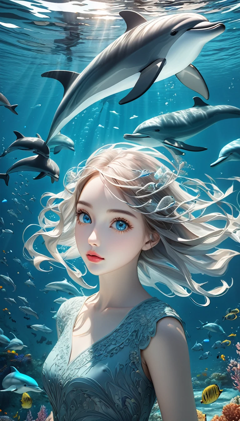 Girl swimming with dolphins, Beautiful and delicate eyes, Beautiful and delicate lips, Extremely detailed eyes and face, Long eyelashes, Underwater, The art of math, award-winning masterpiece, Surrealism, Famous artist, 3D Art, transparent, Dolphins emerge from the girl's right side, (best quality,4K,8K,high resolution,masterpiece:1.2),Extremely detailed,(Practical,photoPractical,photo-Practical:1.37),Bright colors,Studio Lighting,Bokeh