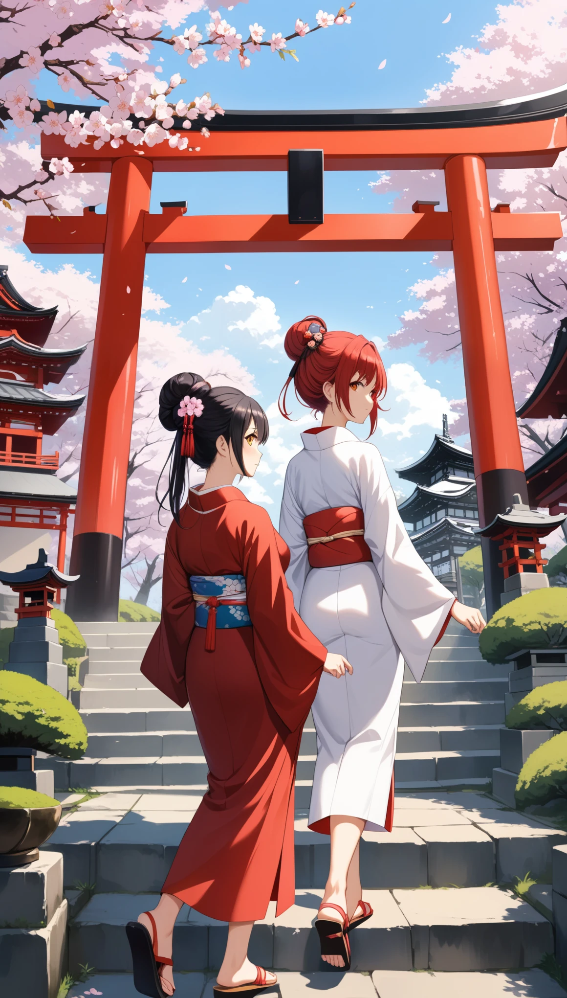 ((masterpiece,best quality)),2girls, black kimono, black legwear, black ribbon, black hair, cherry blossoms, day, flower, hair bun, hair ribbon, japanese clothes, kimono, long hair, looking at viewer, looking back, multiple girls, obi, outdoors, red eyes, red hair, ribbon, sandals, single hair bun, stairs, standing, statue, torii, tree, white kimono, yellow eyes