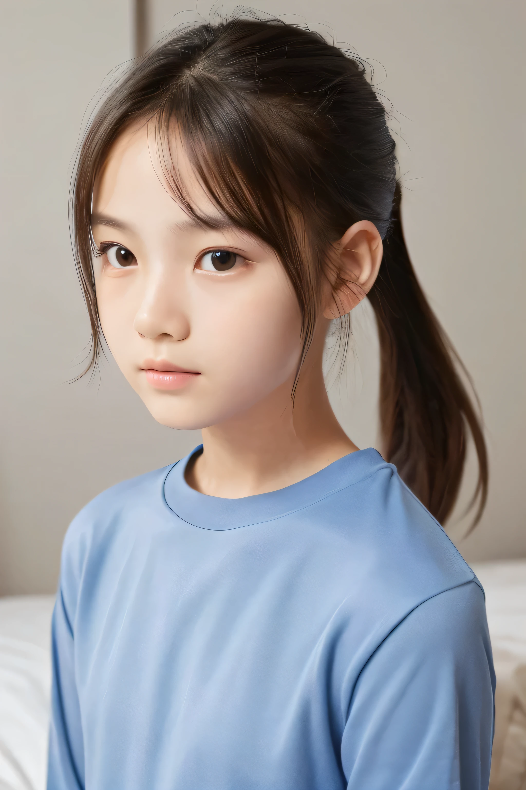 ((Highest quality)), ((Photo quality)), (detailed), Perfect Face,12 years old,bed,Upper Body,ponytail,tight knit shirt