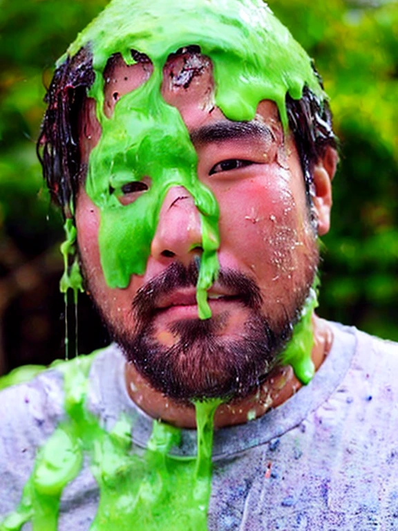 (yossan), Slime, (monster), (Body is translucent), (Wet), (Green Sweat), Man with green mucus all over his body. 彼の髪も緑色のSlimeで覆われています. Green mucus splatters around,beard, Glasses, obesity