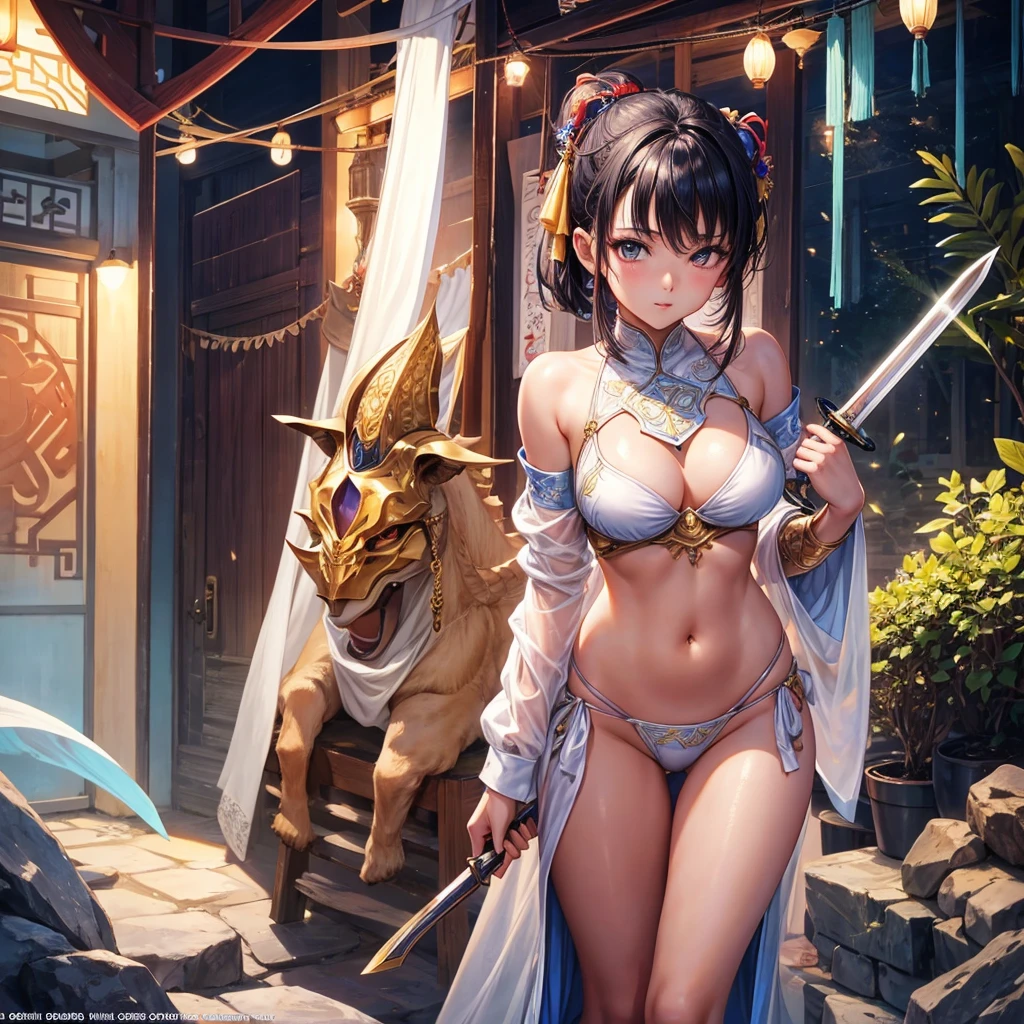 Beautiful Asian girl, 18 years old, light bikini knight girls, sexy lady, medium breasts, camel toe, long sword,